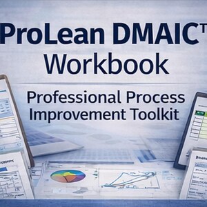 Puede incluir: Imagen de un cuaderno de trabajo titulado "ProLean DMAIC Workbook" con el subtítulo "Professional Process Improvement Toolkit". La imagen presenta portapapeles con gráficos, lo que sugiere un contexto empresarial o educativo.