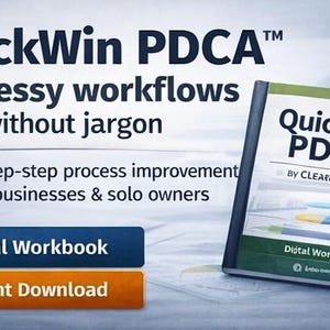 Peut inclure: Image d'un livre intitulé "QuickWin PDCA" avec le texte "Fixer les flux de travail désordonnés rapidement - sans jargon." Le livre est un cahier d'exercices numérique pour les petites entreprises et les propriétaires individuels.