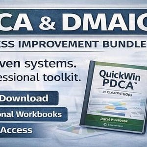 Puede incluir: Una imagen que promociona un paquete de mejora de procesos "PDCA & DMAIC". Muestra un libro de trabajo "QuickWin PDCA" y un diagrama del ciclo PDCA en una carpeta con pinza. El texto destaca "Descarga digital", "Libros de trabajo profesionales" y "Acceso instantáneo".