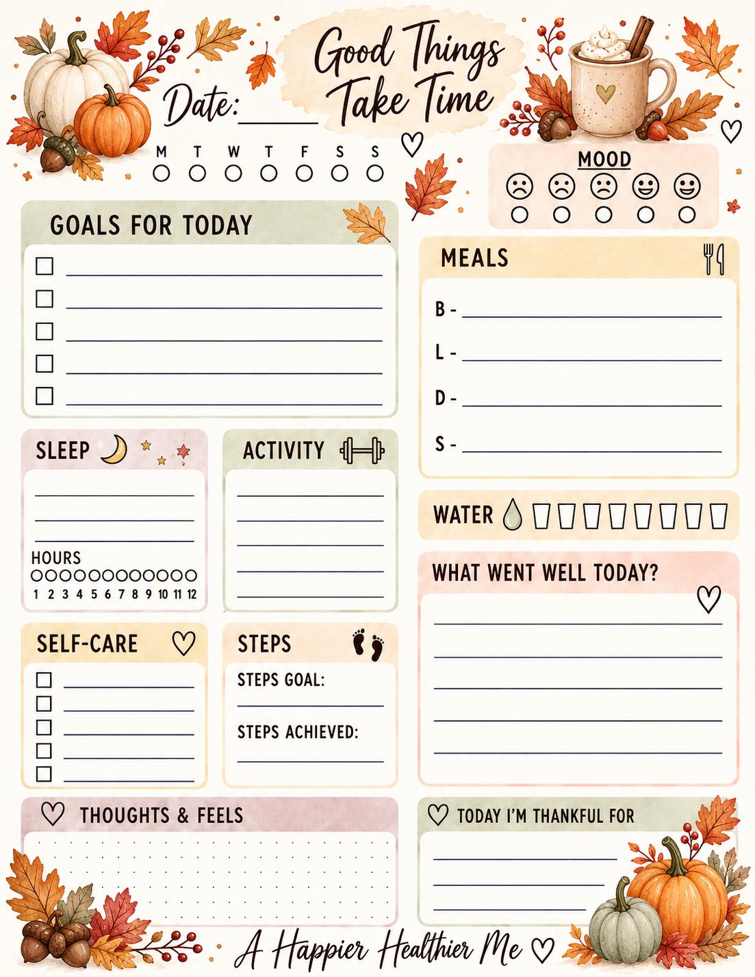 Fall themed Daily Wellness Planner Printable Self Care, Goals, Mood, Steps & Gratitude Tracker