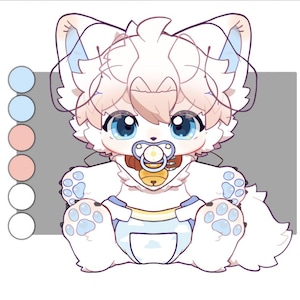May include: A digital illustration of a white, fluffy, anthropomorphic creature with large blue eyes, wearing a pacifier, a brown collar with a gold bell, and a light blue diaper. A color palette of five circles is displayed on the left side.