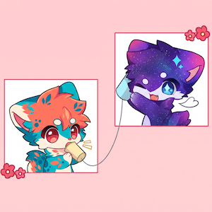 May include: Two square panels featuring cartoon animal characters connected by a string telephone. One character is teal and orange with large eyes, while the other is a dark purple galaxy-patterned character. Both are framed with small red flowers.