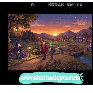 Può includere: Un'illustrazione paesaggistica in pixel art che mostra un tramonto su montagne e un villaggio. Dei personaggi camminano lungo un sentiero vicino a un ruscello e un ponte di legno. Una persona siede sotto un albero con una chitarra. Il testo "animated backgrounde" appare in basso.