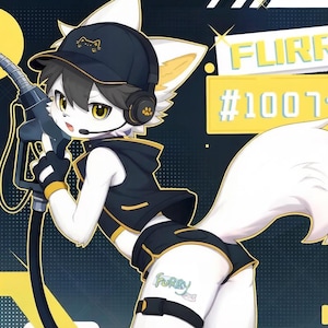 Op de afbeelding: Een anime-stijl illustratie van een wit antropomorf vossenpersonage met een zwarte pet, koptelefoon en een zwart vest met gele accenten. Het personage houdt een benzinepomp vast en bevat de tekst FLURRY #1007 en een pootafdruk-afbeelding.