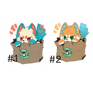 May include: Two digital illustrations of cartoon fox-like creatures inside brown paper bags with Starbucks Coffee logos. Illustration #1 features a cream and teal creature with red eyes. Illustration #2 shows an orange and teal creature with green eyes.