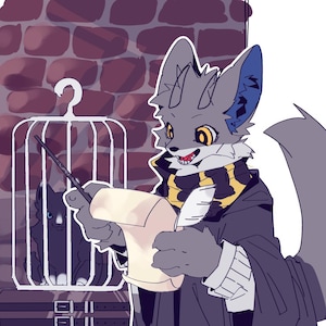 May include: A digital illustration of a gray anthropomorphic wolf character wearing a black robe and a yellow and black striped scarf. The character holds a white quill and a scroll. A small black cat sits inside a white birdcage nearby.
