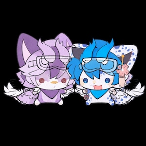 May include: A digital illustration of two chibi-style creatures with animal features. One is purple with white accents, wearing goggles and a bandana. The other is blue and white with spots, also wearing goggles and a bandana, holding a small flower charm.