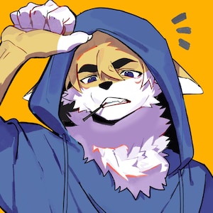 May include: A digital illustration of an anthropomorphic canine character with blonde hair and white fur, wearing a blue hooded sweatshirt. The character has a serious expression, holds a thin black stick in their mouth, and has one hand raised.