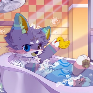 May include: A digital illustration of a purple anthropomorphic creature with blue and green accents sitting in a white bathtub filled with soap bubbles. The creature has one blue eye and one dark eye, and is holding a small yellow rubber duck.
