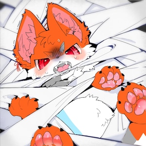 May include: A digital illustration of an orange fox-like creature with red eyes and sharp teeth, appearing frustrated or angry. The character is surrounded by white bandages or fabric strips, with orange paws showing pink pads and black claws.