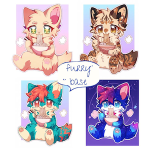 May include: A digital illustration sheet featuring four distinct anthropomorphic animal characters, each sitting and eating from a bowl of noodles with chopsticks. The text "furry base" is written in blue cursive in the center of the image.