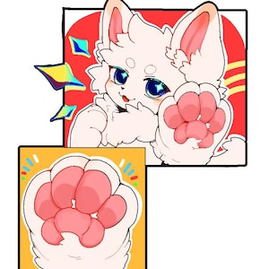 May include: A digital illustration featuring a fluffy white creature with large blue eyes and pink paw pads. The top panel shows the creature waving against a red background with sparkles, while the bottom panel shows a close-up of a pink paw pad.