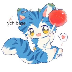 May include: A digital illustration of a blue and white striped cat-like creature with large yellow eyes, holding a round red lollipop. The image features the text "ych base" and "NO" written in small letters near the ears and feet, with a heart icon.