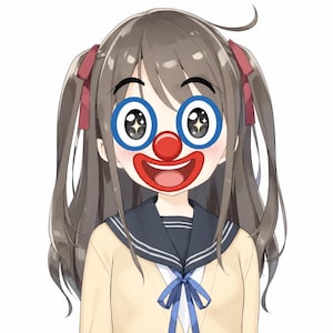 May include: An anime-style illustration of a character with long brown hair in twin tails tied with red ribbons. The character wears a beige cardigan over a dark sailor-style uniform with a blue bow and features a clown mask with large blue-rimmed eyes.