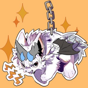 May include: A white, fluffy, four-legged creature charm with purple shading, a grey horn with blue accents, and small black bat wings. The character has a fierce expression, is attached to a grey metal chain, and is surrounded by orange star icons.