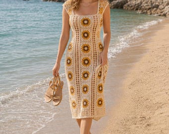 Creme Sonnenblume Oma Quadrat Häkelkleid Muster, Ärmelloses Midi Kleid mit offenem Netz PDF, Sommer Häkelanleitung XS-5XL