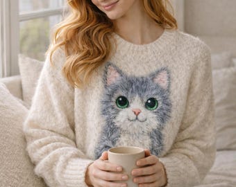 Katzen Intarsien Pullover Strickmuster, Rundhals-Pullover, Kätzchen Motiv (Digitaler Download)