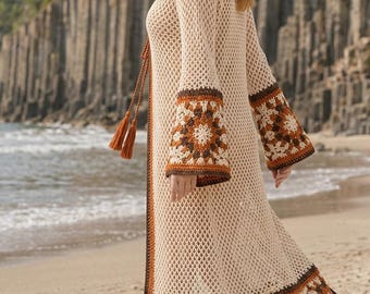 Kimono Häkelanleitung, Blumenmuster, Oma Quadrat Strand Cover Up, PDF, Netz Strickjacke, Größen XS/S-3XL/4XL