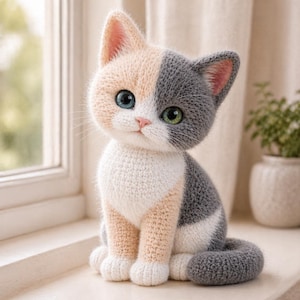 Op de afbeelding: Een handgemaakte gehaakte kattenfiguur in een zittende positie. De kat heeft een tweekleurig hoofd, één kant perzik en de andere grijs. Het heeft blauwe en groene ogen, een witte borst en perzikpoten. De kat zit op een witte vensterbank.