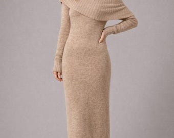 Strickmuster für Midi-Kleid mit überschnittener Schulter, Schulterfrei und mit langen Ärmeln (PDF)