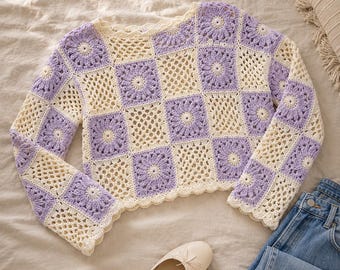 Lavendel Daisy Patchwork Häkelanleitung PDF, Cropped Grandma Square Pullover, Strickmuster, Strickmuster, Strickpullover mit Blumenmuster, DIY Top, Frühlingstop