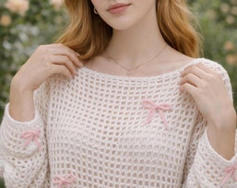 Nadelstrick Open Mesh Bow Crop Strickmuster PDF, luftiges Cropped Mesh Sweater Muster mit rosa Bögen, Pullover mit U-Boot-Ausschnitt für Frauen