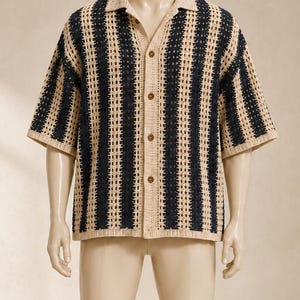 Coastal Navy Stripe Mens Crochet Camp Shirt PDF, Button Front Summer Top, Open Collar, knitting patterns, Mens Beach Shirt Pattern image 1