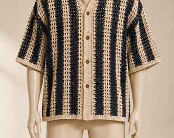 Coastal Navy Stripe Herren Häkel-Camp-Shirt PDF, Sommer-Top mit Knopfleiste, offener Kragen, Strickanleitung, Herren-Strandshirt-Muster