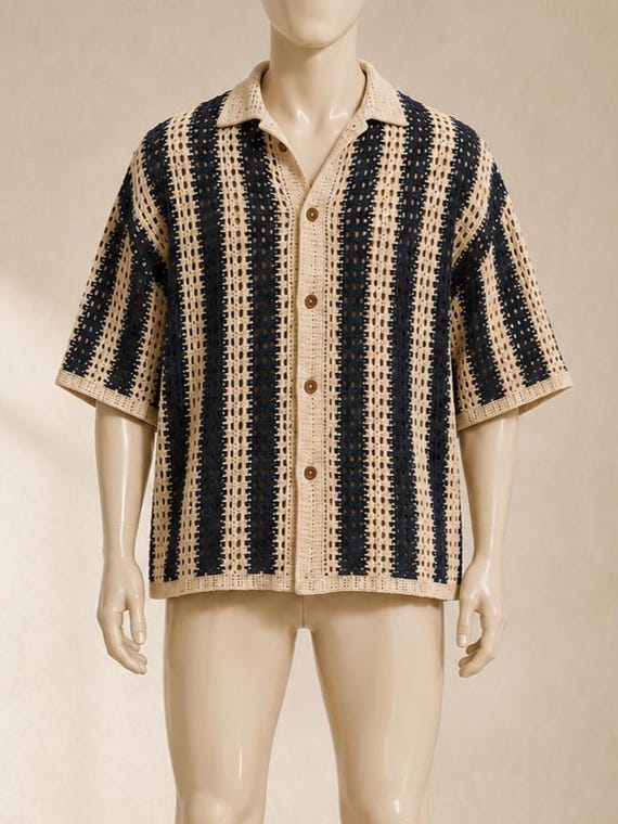 Coastal Navy Stripe Mens Crochet Camp Shirt PDF, Button Front Summer Top, Open Collar, knitting patterns, Mens Beach Shirt Pattern