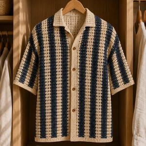 May include: A short-sleeved button-down shirt featuring a crochet knit construction with vertical stripes in navy blue and beige. The garment has a classic collar, a straight hem, and four visible brown buttons down the center front placket.