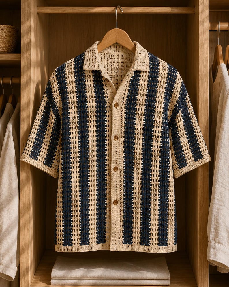 May include: A short-sleeved button-down shirt featuring a crochet knit construction with vertical stripes in navy blue and beige. The garment has a classic collar, a straight hem, and four visible brown buttons down the center front placket.