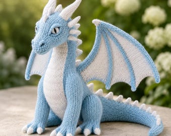 Ice Dragon Knitting Pattern PDF, Fantasy Plush Toy, Blue White Collectible Decor (Digital Download)