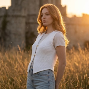 Puede incluir: Un chaleco blanco de punto con cierres dorados. Se lleva sobre una camiseta clara y se combina con vaqueros azul claro. La imagen está tomada al aire libre, con un castillo al fondo y hierba alta en primer plano.