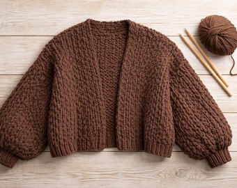 Oversized Cropped Cardigan Strickmuster, Puffärmel, Offene Vorderseite, XL (Digitaler Download)