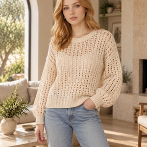 Esinti Openwork Pullover Knitting Pattern, Lace Jumper, Balloon Sleeves (Digital Download)