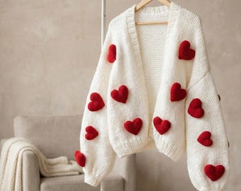 White Chunky Knit Cardigan Knitting Pattern, Balloon Sleeve Heart Sweater (PDF Download)