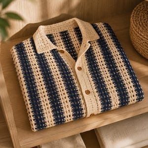 Coastal Navy Stripe Mens Crochet Camp Shirt PDF, Button Front Summer Top, Open Collar, knitting patterns, Mens Beach Shirt Pattern image 8