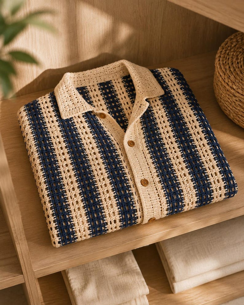 Coastal Navy Stripe Mens Crochet Camp Shirt PDF, Button Front Summer Top, Open Collar, knitting patterns, Mens Beach Shirt Pattern image 8