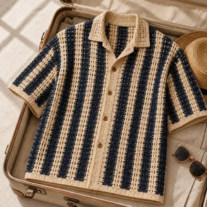 May include: A short-sleeve button-down shirt featuring a vertical striped pattern in navy blue and beige. The garment is constructed with an open-knit crochet texture, a classic collar, and four brown buttons running down the center front placket.
