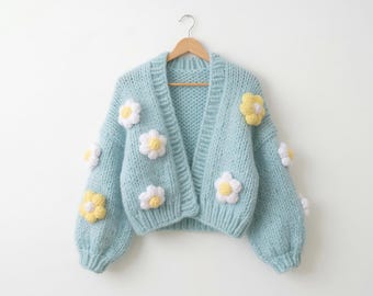 Chunky Daisy Strickjacke Cardigan Strickmuster, Übergroßer Pullover mit Ballonärmeln (PDF Download)