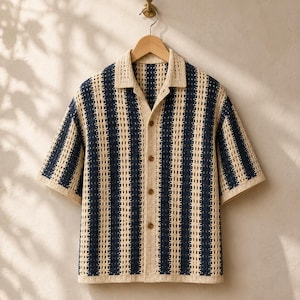 Coastal Navy Stripe Mens Crochet Camp Shirt PDF, Button Front Summer Top, Open Collar, knitting patterns, Mens Beach Shirt Pattern image 9