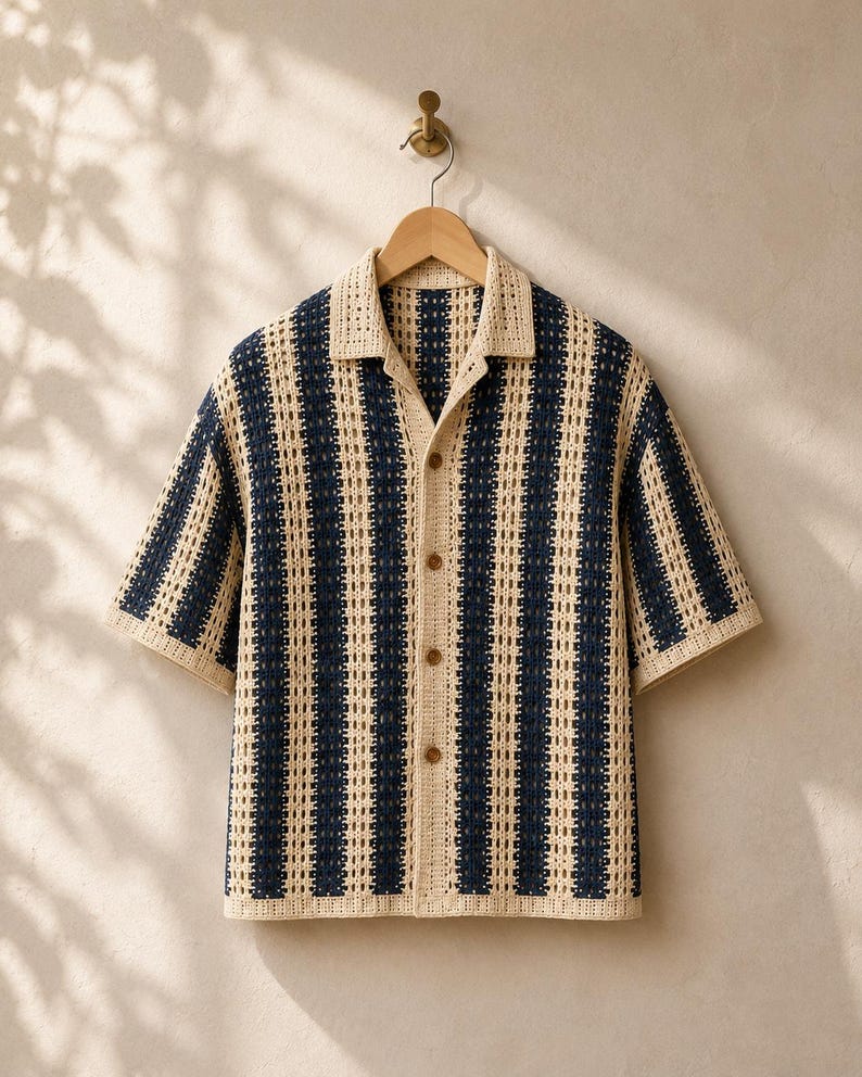 Coastal Navy Stripe Mens Crochet Camp Shirt PDF, Button Front Summer Top, Open Collar, knitting patterns, Mens Beach Shirt Pattern image 9