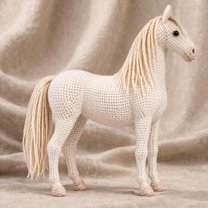 Puede incluir: Figura de caballo blanco de ganchillo con melena y cola sueltas. El caballo hecho a mano tiene una textura detallada y se apoya sobre cuatro patas. El caballo es de color crema claro y tiene ojos negros.
