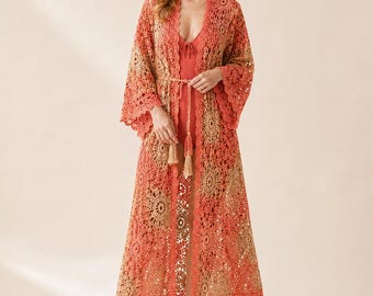 Lange Spitze Häkeln Strand Kimono Robe PDF, Florale Spitze Cover Up, Quaste Gürtel,Resort Wear, Strickmuster, Sommer Robe Muster PDF