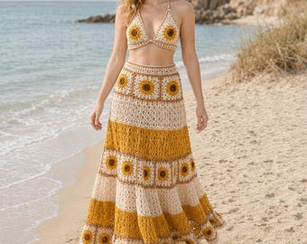 Sunflower Crochet Pattern Bundle PDF, Boho Bralette Top und Lace Tiered Rock häkeln Patterns, Summer Set