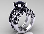 Modern Vintage 14K White Gold 3.0 Ct Black Diamond Designer Wedding Ring Bridal Set R142S-14KWGBD
