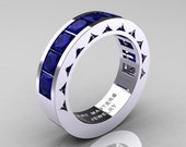 Mens Modern 950 Platinum Princess Blue sapphire Channel Cluster Sun Wedding Ring R274-PLATBS