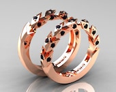 Modern Italian 14K Rose Gold Black Diamond Wedding Band Set R320BS-14KRGBD