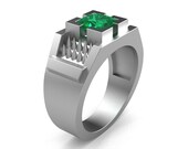 Mens Avant Garde 14K Matte White Gold 1.5 Ct Princess Cut Emerlad Thorn Ring R583-14KMWGEM