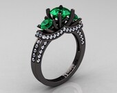 French 14K Black Gold Three Stone Emerald Diamond Wedding Ring, Engagement Ring R182-14KBGDEM